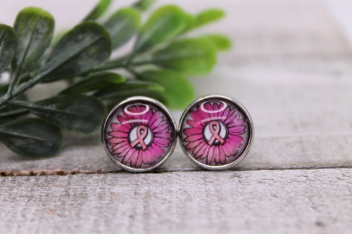 Pink Sunflower & Ribbon Breast Cancer Awareness || 12mm Glass Stud Earrings 