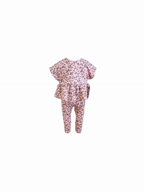 Dusty Rose Leopard Top with Ruffle hem and Leggings Set