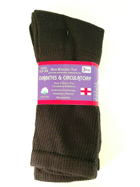 Mens Women Unisex Non Binding Cotton Circulation Diabetic Crew Black Socks Physician Approved - 13-15, 12 Pairs