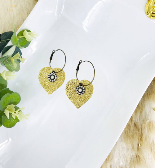 Gold Leather Hoop and Rhinestone Earrings 