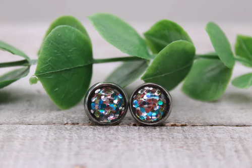 Pink & Blue Confetti || Mini Acrylic Dome Stud Earrings || Hypoallergenic || Great for Youths!