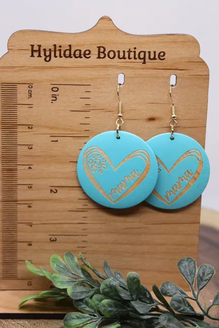 Mama Floral Heart on Blue || Dangle Earrings || Hypoallergenic