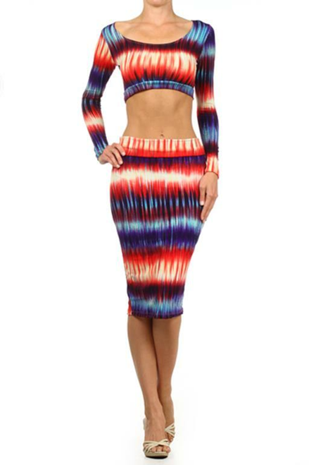 Tie Dye Print 2 Piece Set With a Cropped Fitted Top and a Matching High Waist Skirt Multi