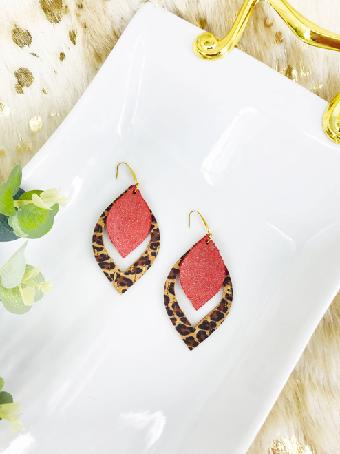 Coral and Baby Cheetah Genuine Leather Earrings 