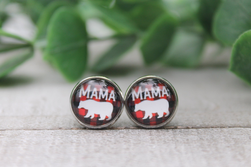 Mama Bear on Light Plaid | Glass Stud Earrings | Hypoallergenic