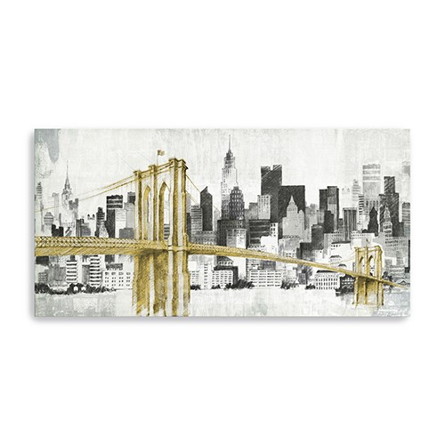 Homeroots Home Decor 40" NYC Golden Bridge Skyline Canvas Wall Art, Monochrome with Color Accent