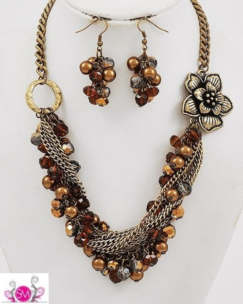 Burnished Goldtone Topaz Glass Crystal & Pearl