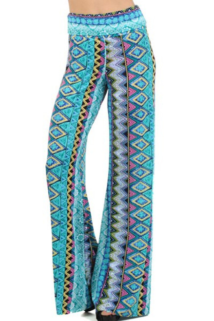 High Waist Aqua Aztec Printed Palazzo Pants