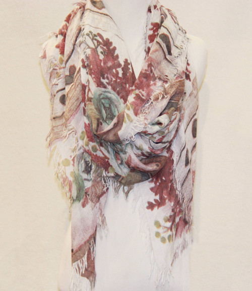 Burgundy Floral Rose & Lavender Fringe-Accent Scarf