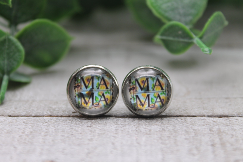 MAMA on Turquoise & Sunflowers  Glass Stud Earrings