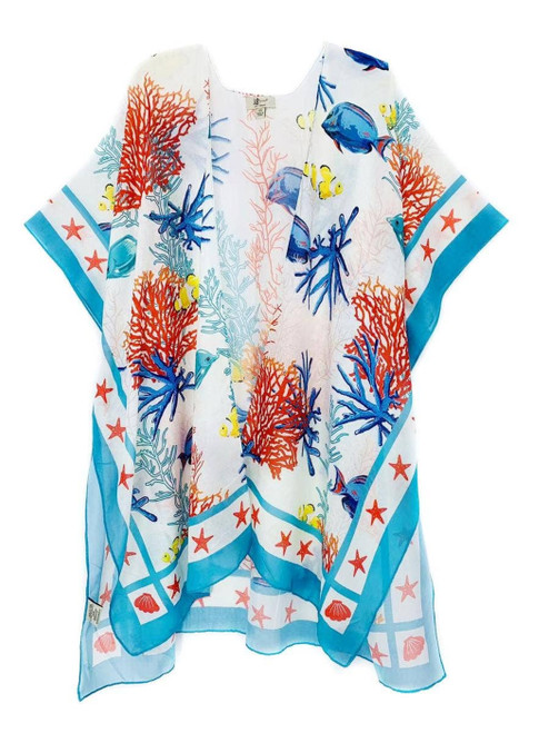 Multi Fish Coral & Starfish Border Accent Kimono