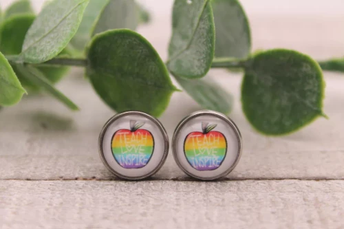 Teach Love Inspire Rainbow Apple  Glass Stud Earrings