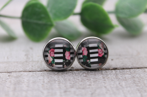 Floral & Stripes Brushstrokes | Glass Stud Earrings | Hypoallergenic