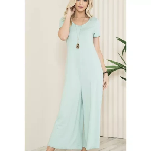 Solid Short Sleeve V Neck Jumpsuit with Low Back