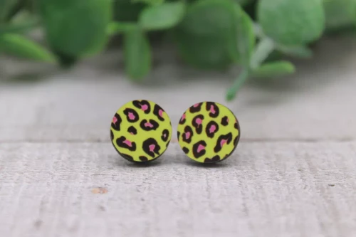 Leopard Circles Wood Stud Earrings