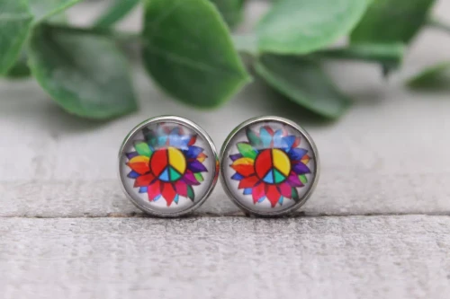 Colorful Sunflower with Peace Sign  Glass Stud Earrings