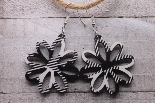 White Plaid Flower Dangle Earrings - Double Sided