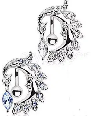 Top Down Navel Ring Belly Ring with Moon and Marquis Dangle - 10 mm, 14g 1.6 mm
