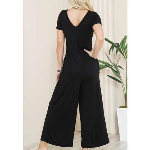 Solid Short Sleeve V Neck Jumpsuit with Low Back