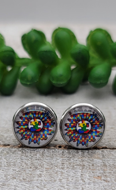 Sunflower Autism Awareness || Glass Stud Earrings || Hypoallergenic