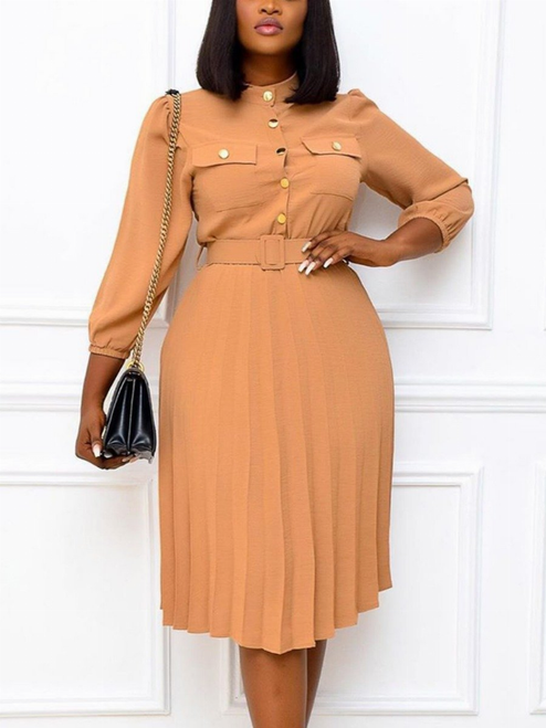 SOLID BUTTON PLEATED SHIRT DRESS WITH BELT