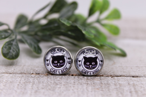 Crazy Cat Lady || 12mm Glass Stud Earrings
