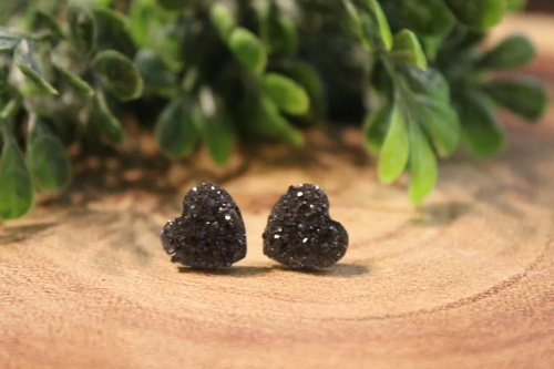 Charcoal Druzy Heart Stud Earrings