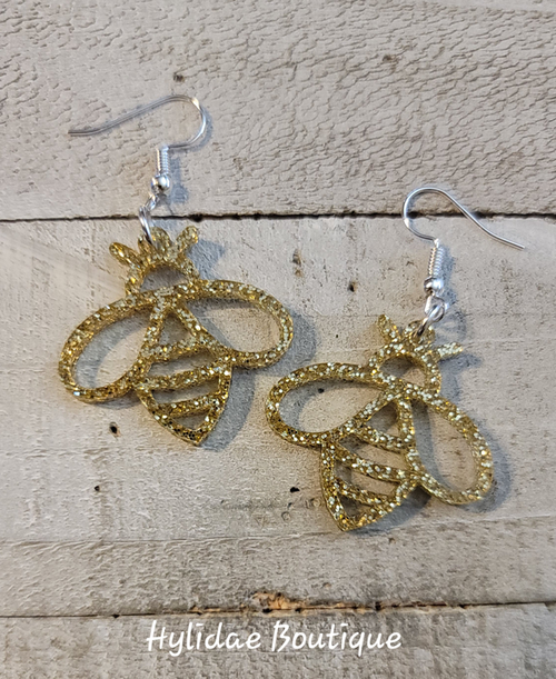 Gold Glitter Bees Dangle Earrings