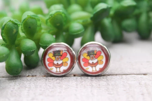 Turkey with Pilgrim Hat || Glass Stud Earrings || Hypoallergenic