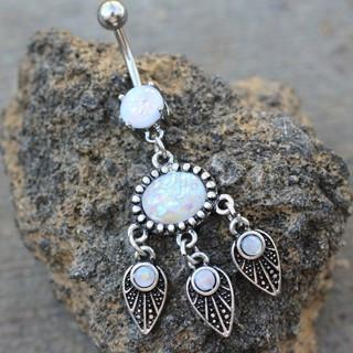 316L Stainless Steel Native Feather Wind Chime Navel Ring with Synthetic Opal