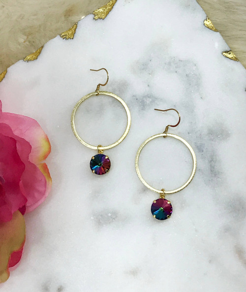 Gold Hoop & Crystal Pendant Earrings 