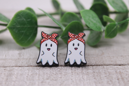 Ghost with Red Polka Dot Headband Stud Earrings