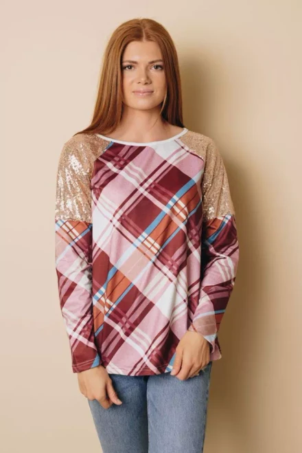 Sequin Shoulder Splicing Print Long Sleeve Top