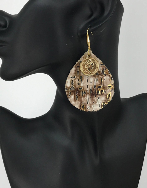 Driftwood Bark Leather & Gold Tone Coin Dangle Earrings