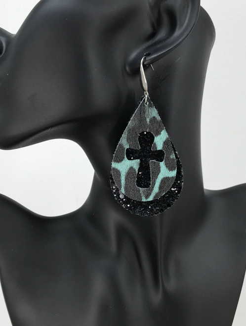 Mint Leopard Faux Leather and Chunky Glitter Earrings 