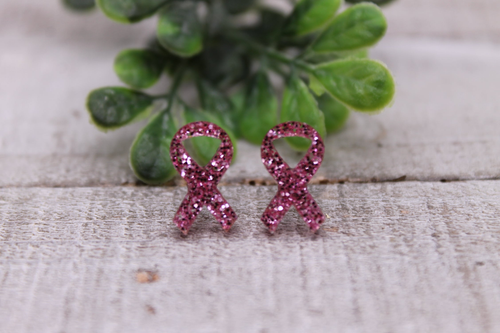Pink Glitter Breast Cancer Awareness Ribbon || 12mm Stud Earrings