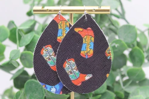 Western Boots on Black Teardrop Faux Leather Earrings | Hypoallergenic