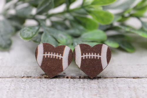 Football Heart || Wood Stud Earrings || Hypoallergenic