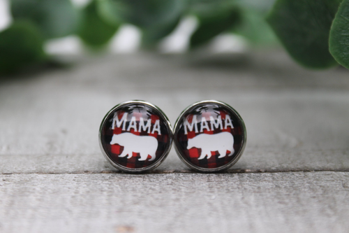 Mama Bear on Dark Plaid | Glass Stud Earrings | Hypoallergenic