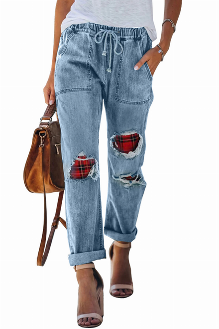 Bright Plaid Patches Cotton Pocketed Denim Jeans