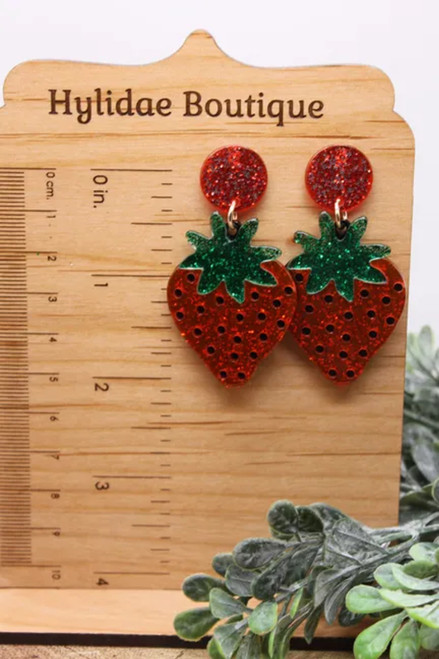 Glitter Strawberries || Acrylic Dangle Earrings || Hypoallergenic