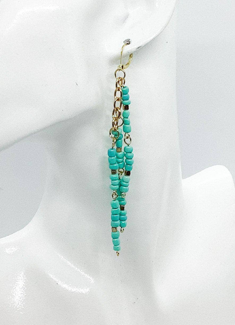 Teal and Gold Bead Tassel Earrings 