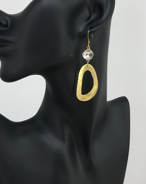 Genuine Crystal & Brushed Gold Oval Pendant Earrings 