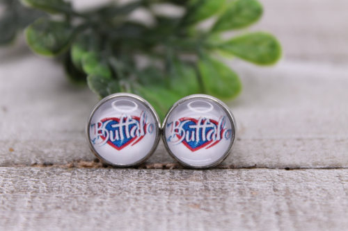 Buffalo Bills Football Heart|| 12mm Glass Stud Earrings 