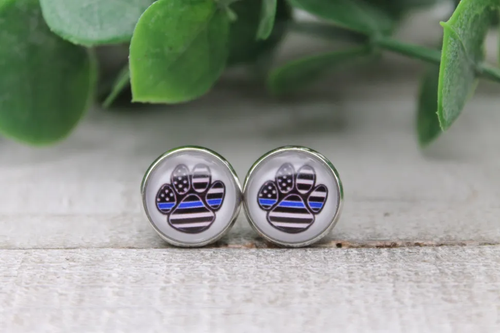 Blue Line Flag Paw Print || Glass Stud Earrings || Hypoallergenic