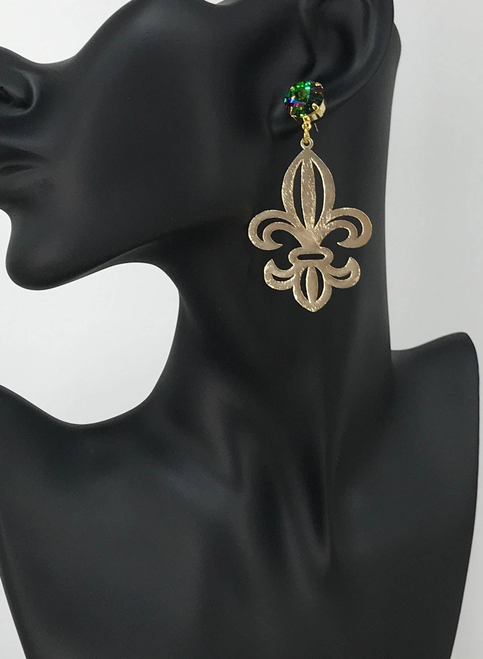 Genuine Crystal & Fleur De Lis Pendant Stud Earrings 