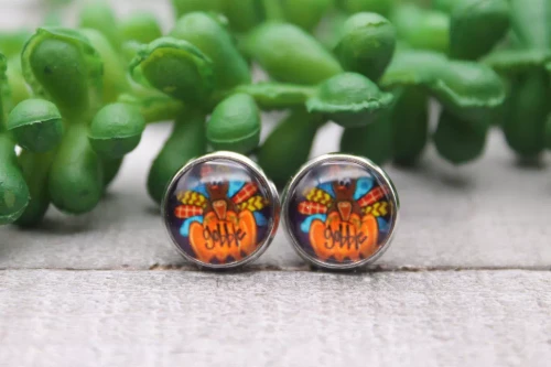 Gobble' Turkey & Pumpkin || Glass Stud Earrings || Hypoallergenic
