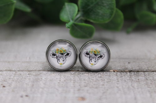 Sunflower Crown Cow  Glass Stud Earrings