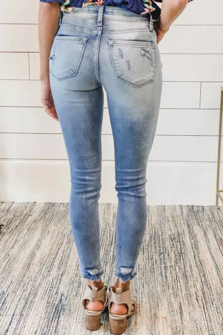 Bright Blue Distressed Mid Rise Jeans