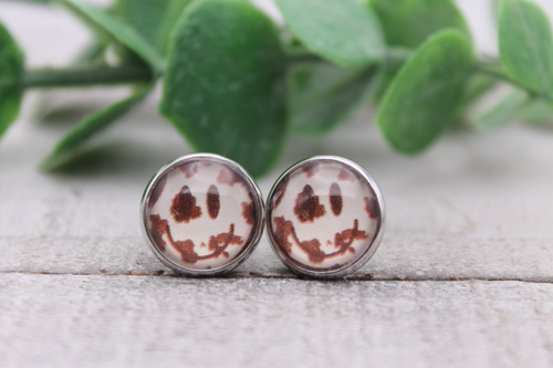 Cow Hide Smiley Face || Glass Stud Earrings || Hypoallergenic